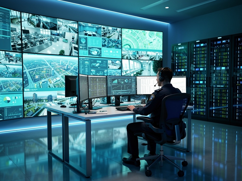 Operador de CFTV M2E monitorando câmeras de segurança
