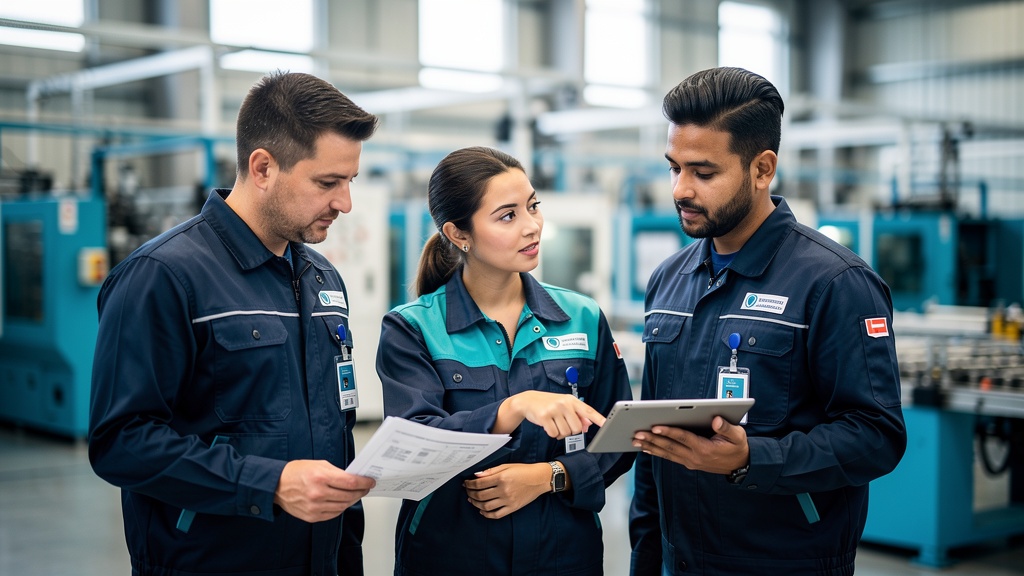 Equipe técnica M2E em reunião de conformidade e segurança do trabalho