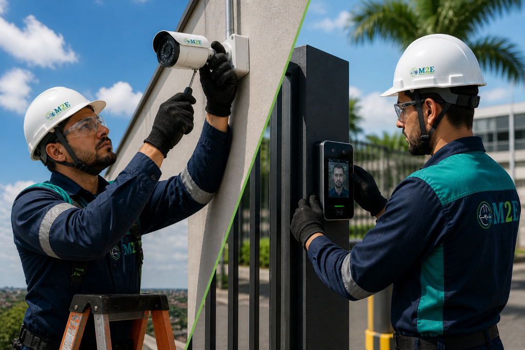 Técnico M2E instalando câmera CFTV e controle de acesso facial em ambiente externo